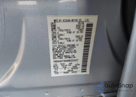 2004 Nissan Titan Le from USA, damaged, VIN 1N6AA07A94N555437